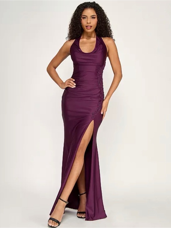 City Studios Dresses & Skirts - NWT CITY STUDIOS Plunge Halter Wine Purple Evening Gown Size Small